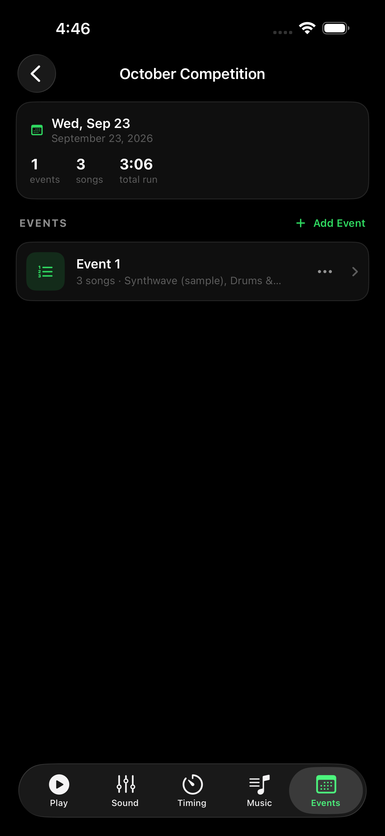 A performance with its date, event count, song count and total run time