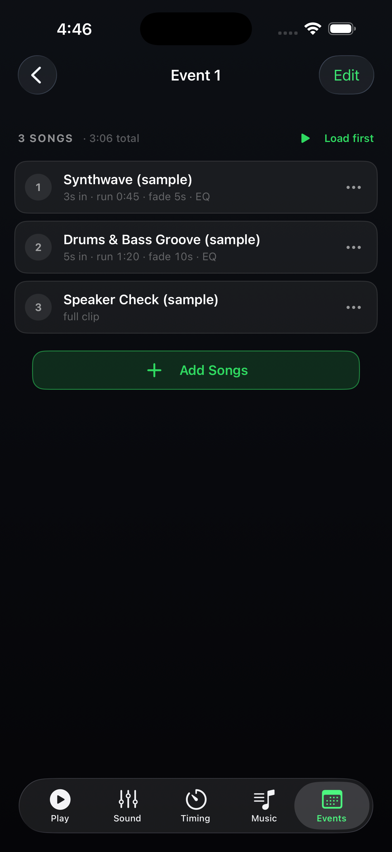 An event playlist of three songs, each with its own timing