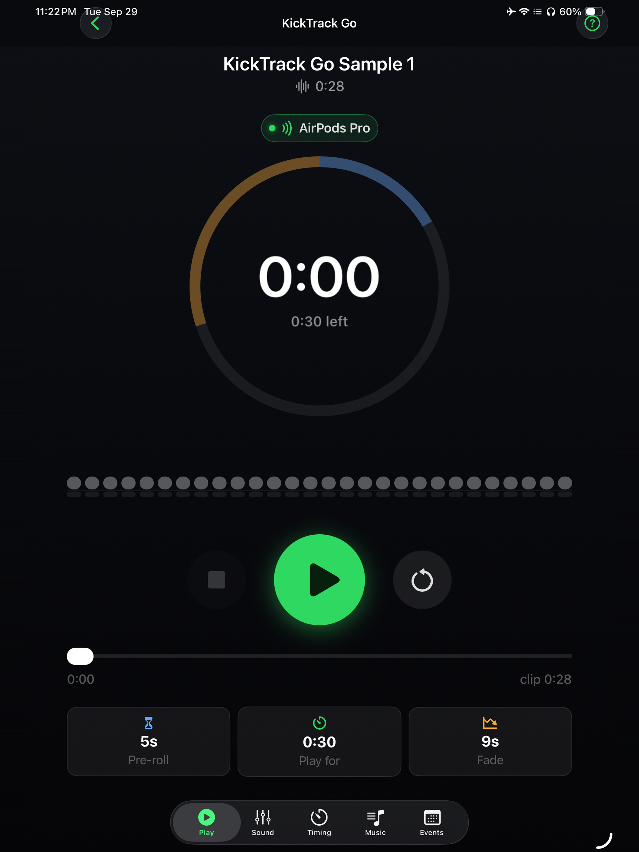 iPad Play screen ready to start, with a 30-second run loaded