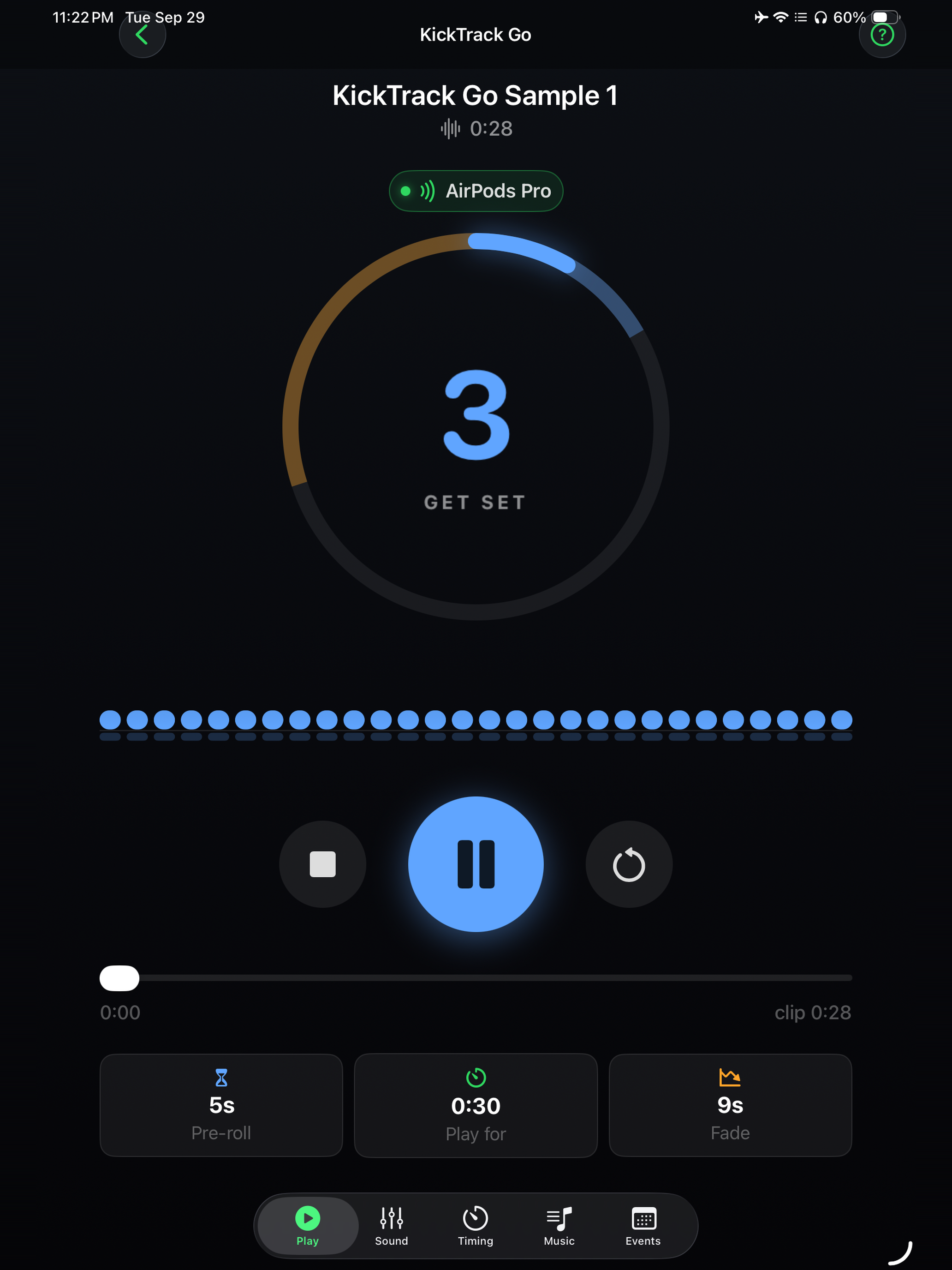 iPad Play screen counting down the silent walk-on with Get set