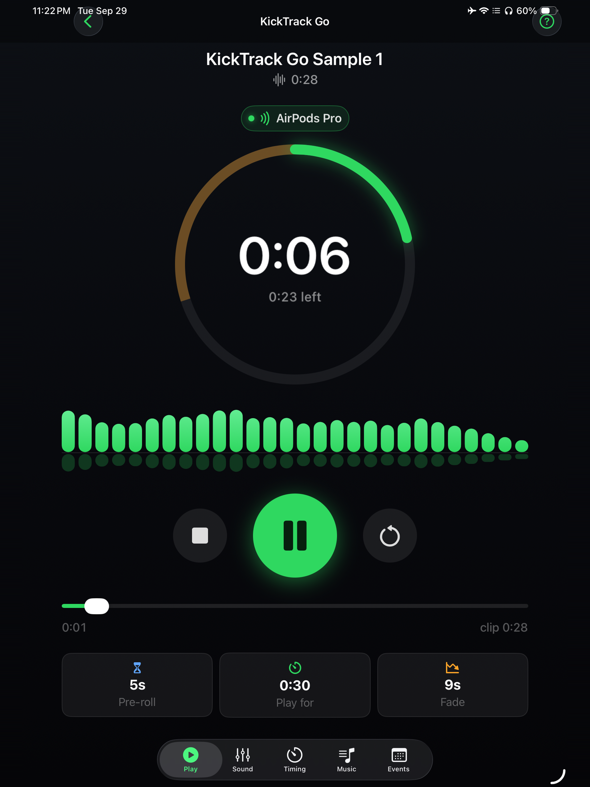 iPad Play screen with a track running, the countdown ring and waveform