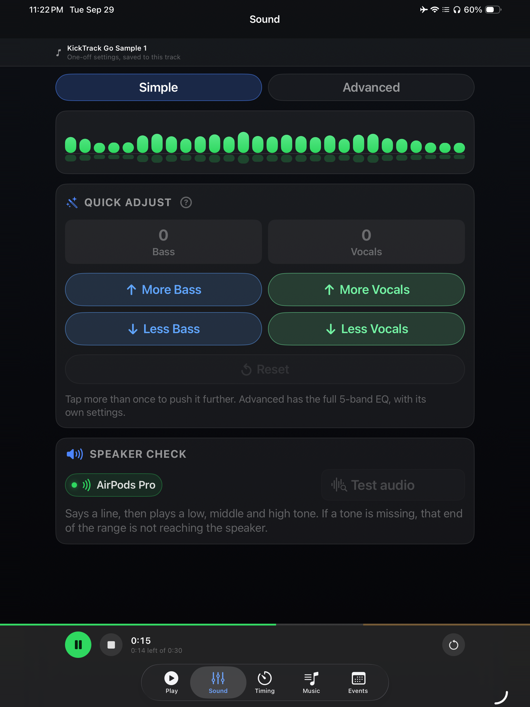 iPad Sound screen with Quick adjust for bass and vocals and a speaker check