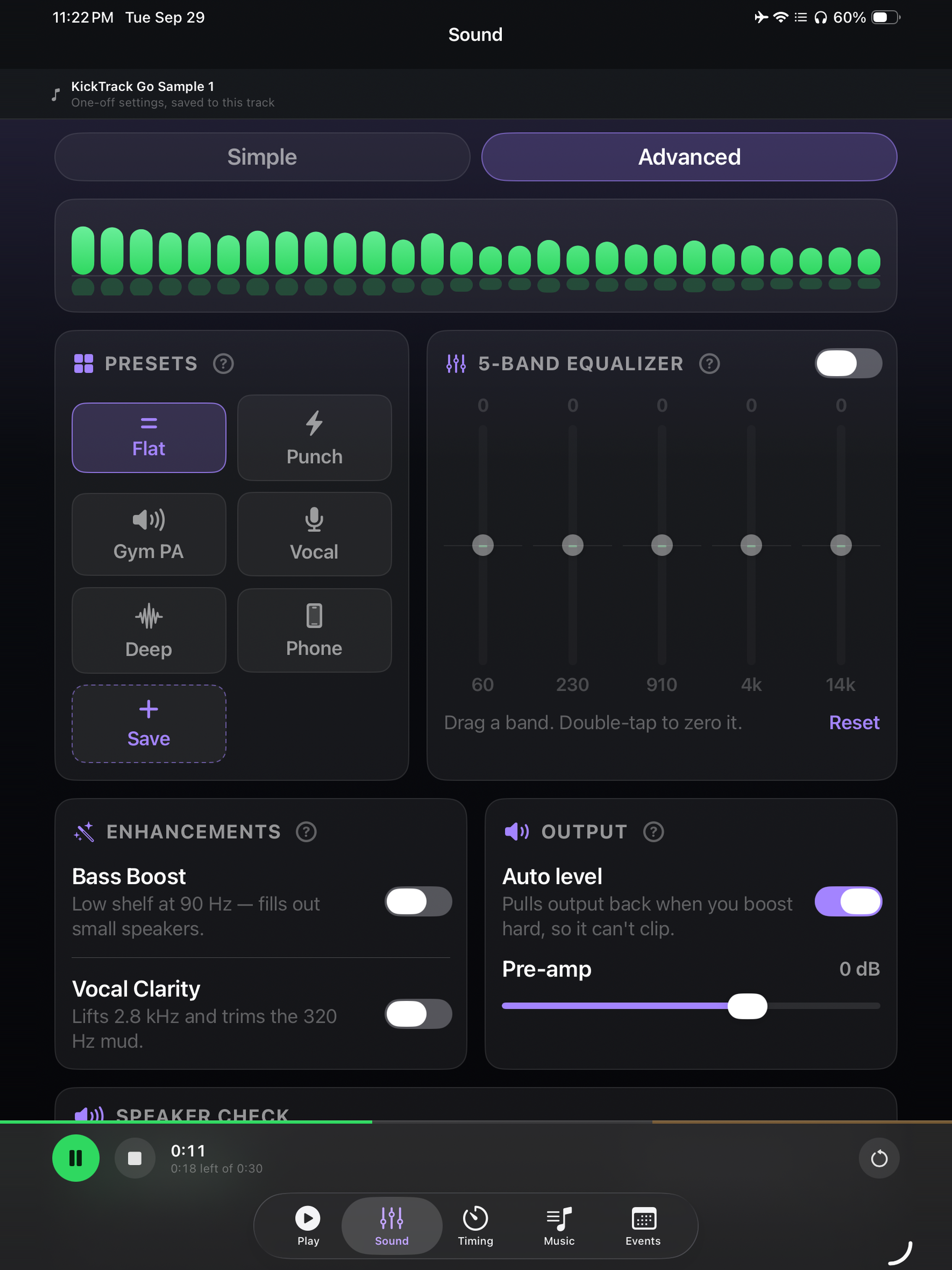 iPad Sound screen with presets, 5-band EQ, enhancements and output side by side