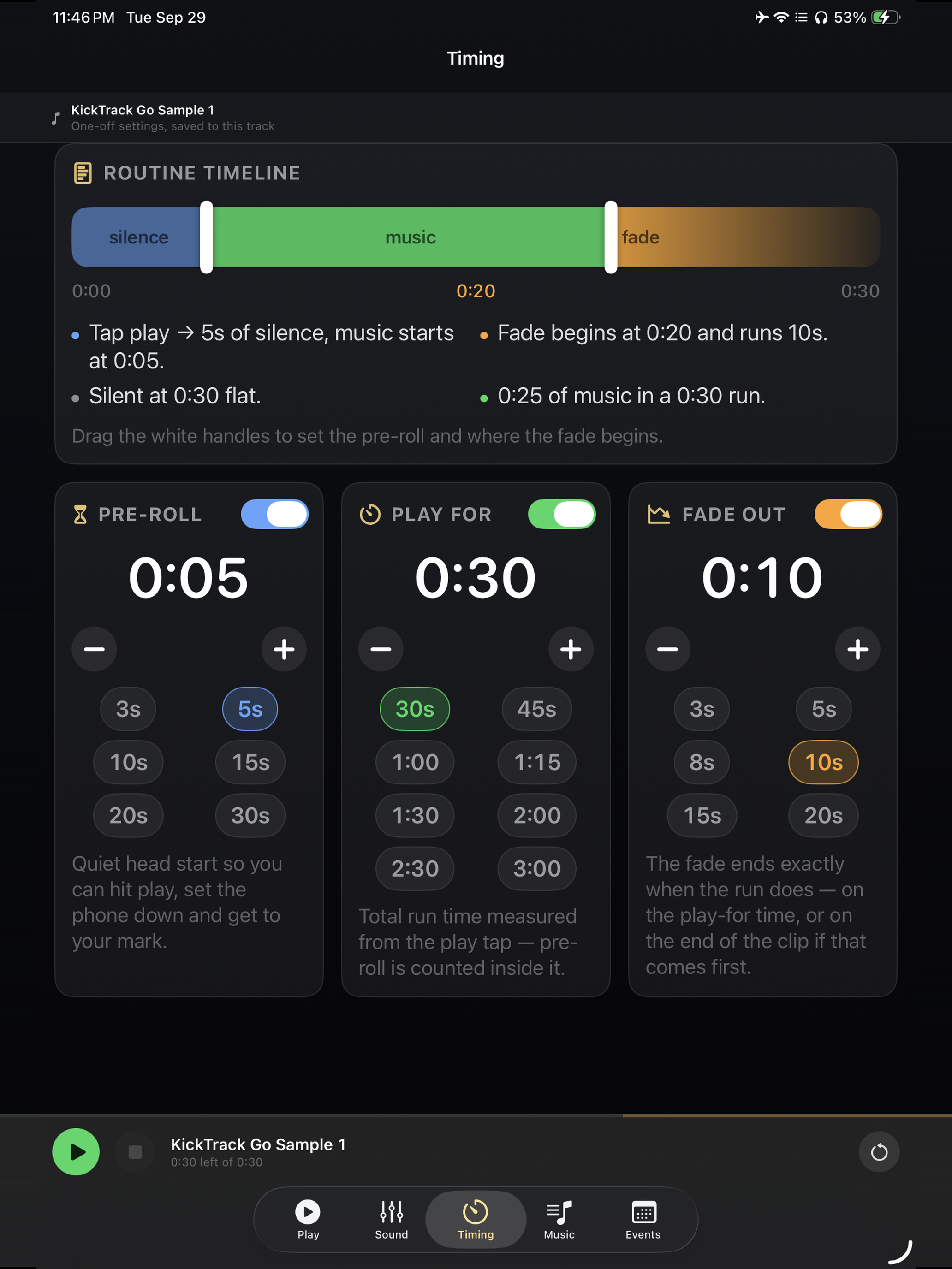 iPad Timing screen with the routine timeline above pre-roll, play-for and fade-out controls