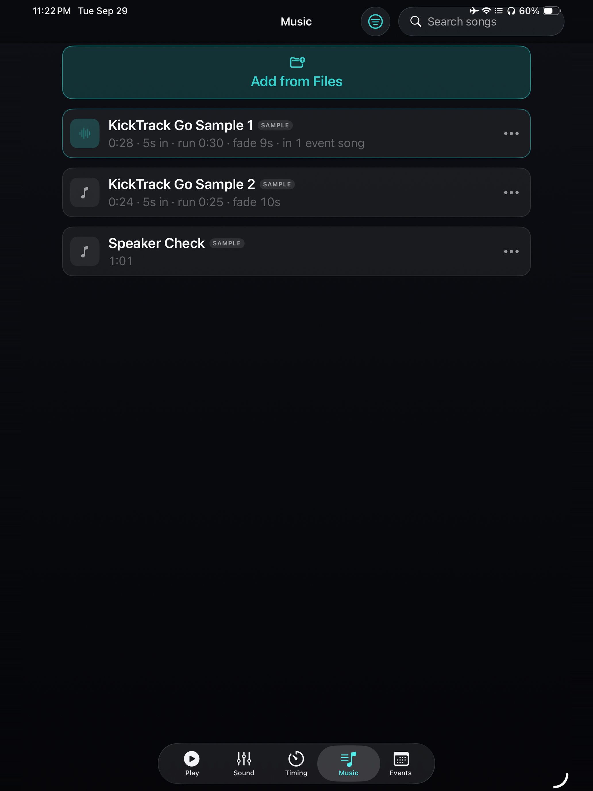iPad music library with three sample tracks and an Add from Files button