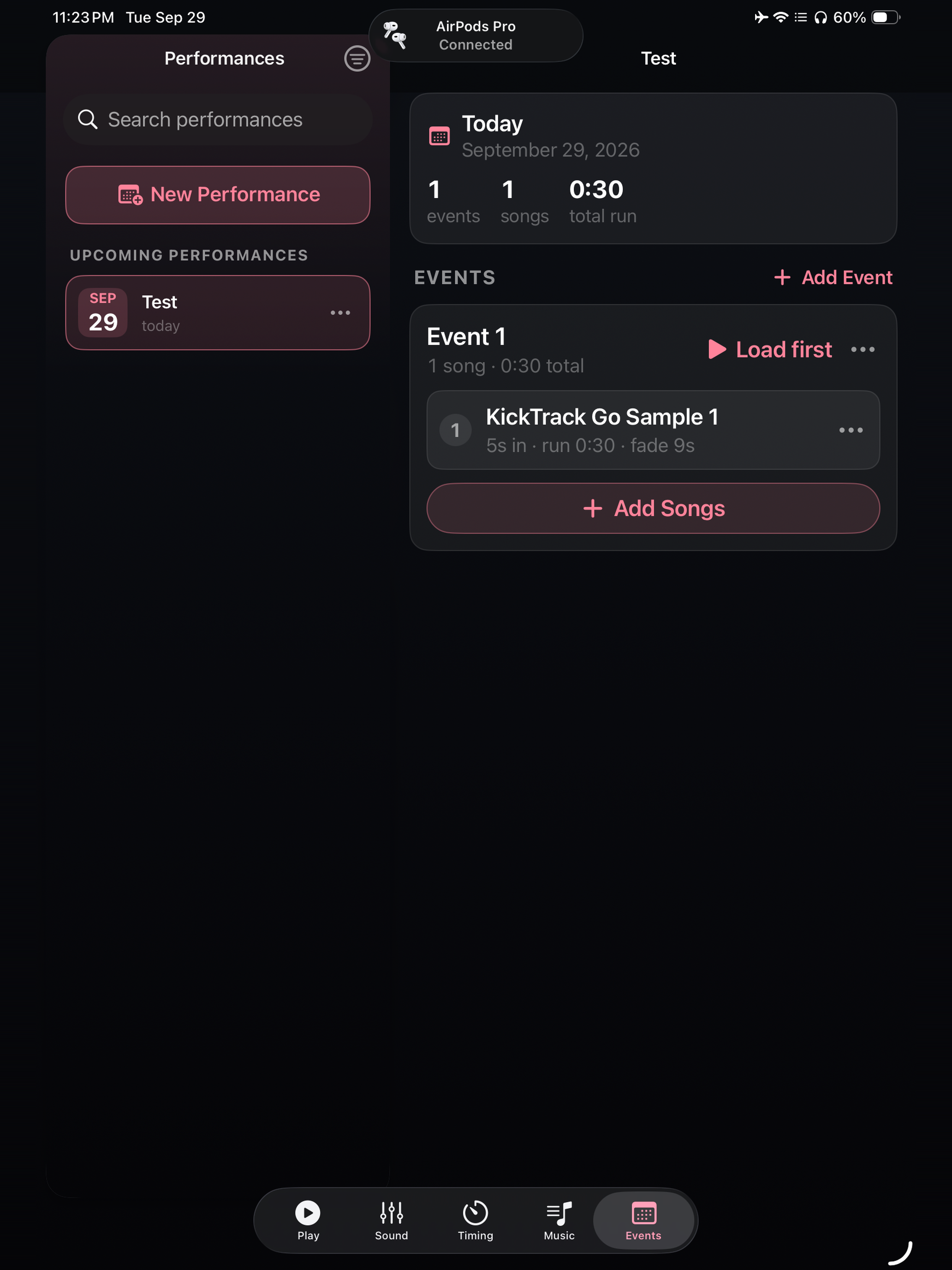 iPad Events screen with the performances list beside a performance and its event playlist