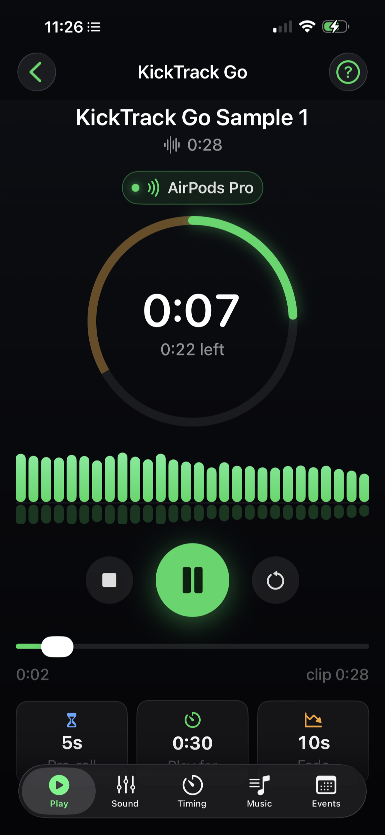 Play screen with a track running over AirPods Pro, showing the countdown ring, live waveform and pre-roll, play-for and fade settings