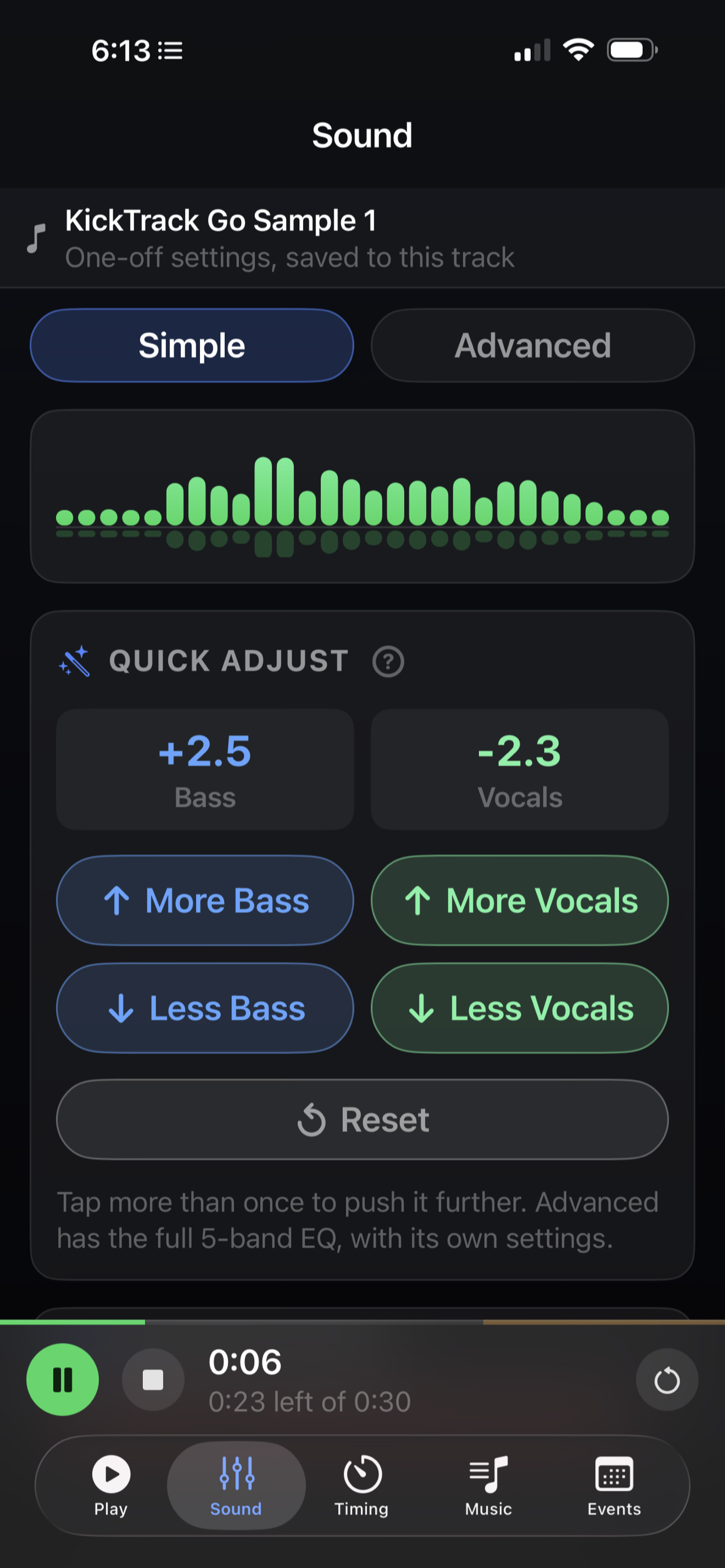 Simple Sound screen with Quick adjust buttons for more or less bass and vocals