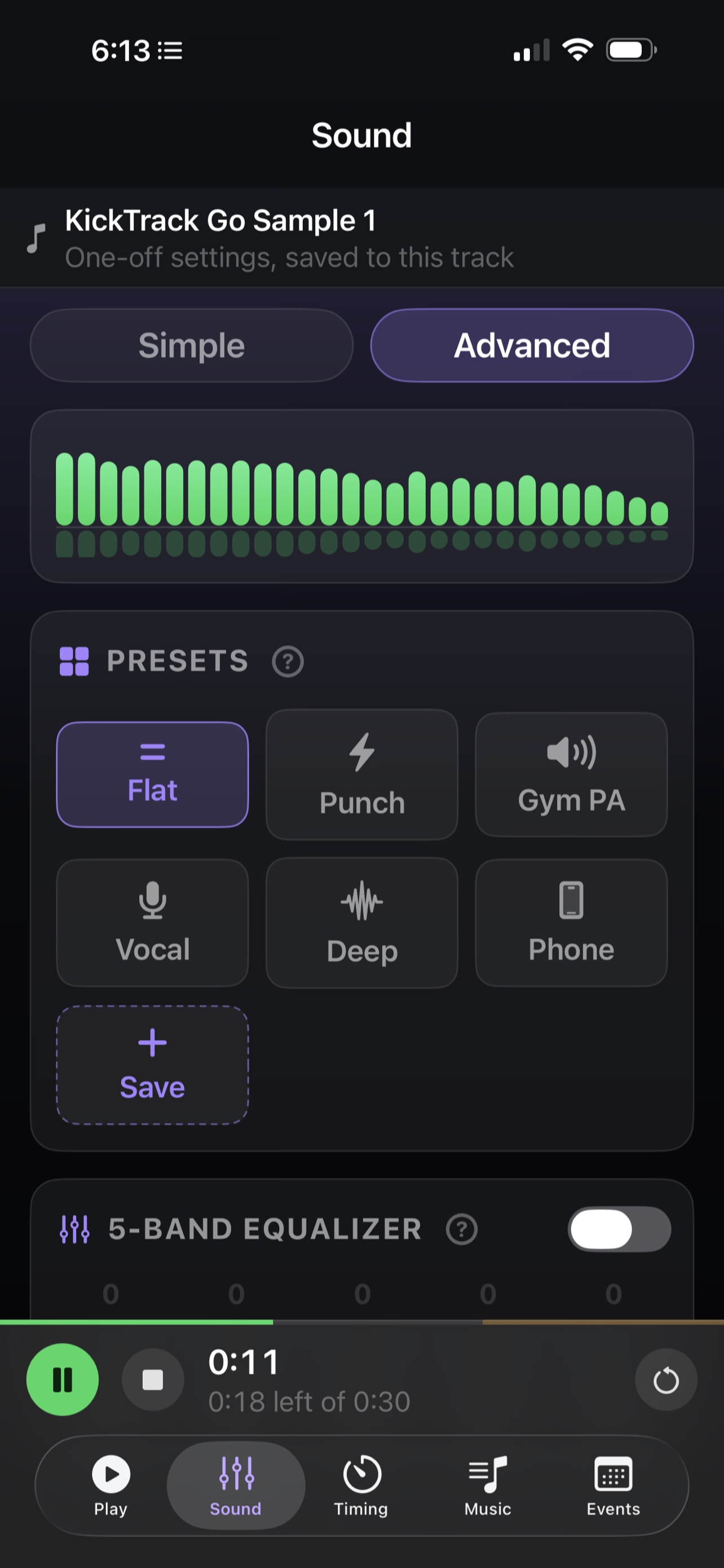 Advanced Sound screen with tone presets such as Punch, Gym PA and Vocal, and the 5-band equalizer