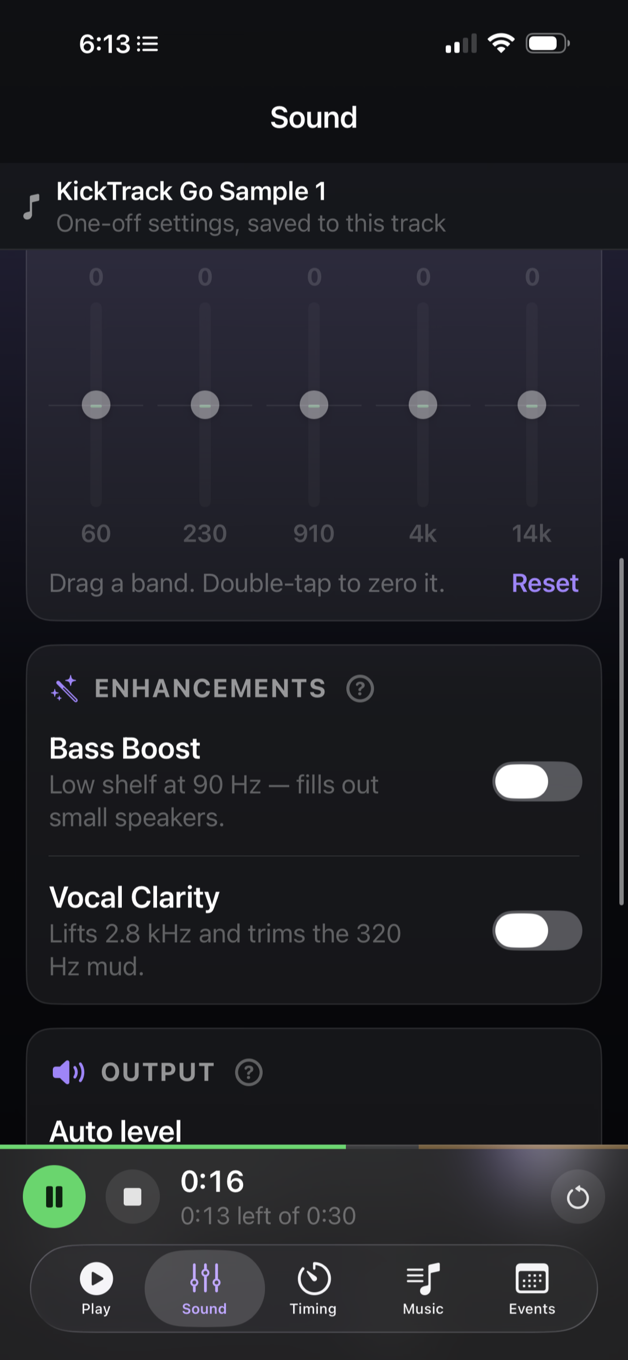 5-band equalizer with Bass Boost and Vocal Clarity enhancements and output settings