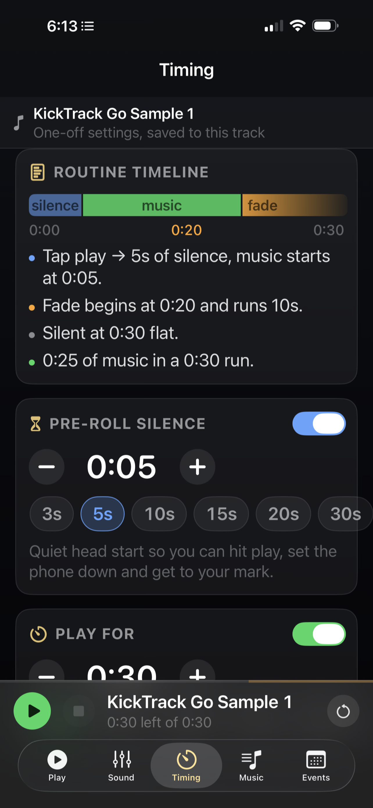 Timing screen with the routine timeline of silence, music and fade, and the pre-roll silence setting