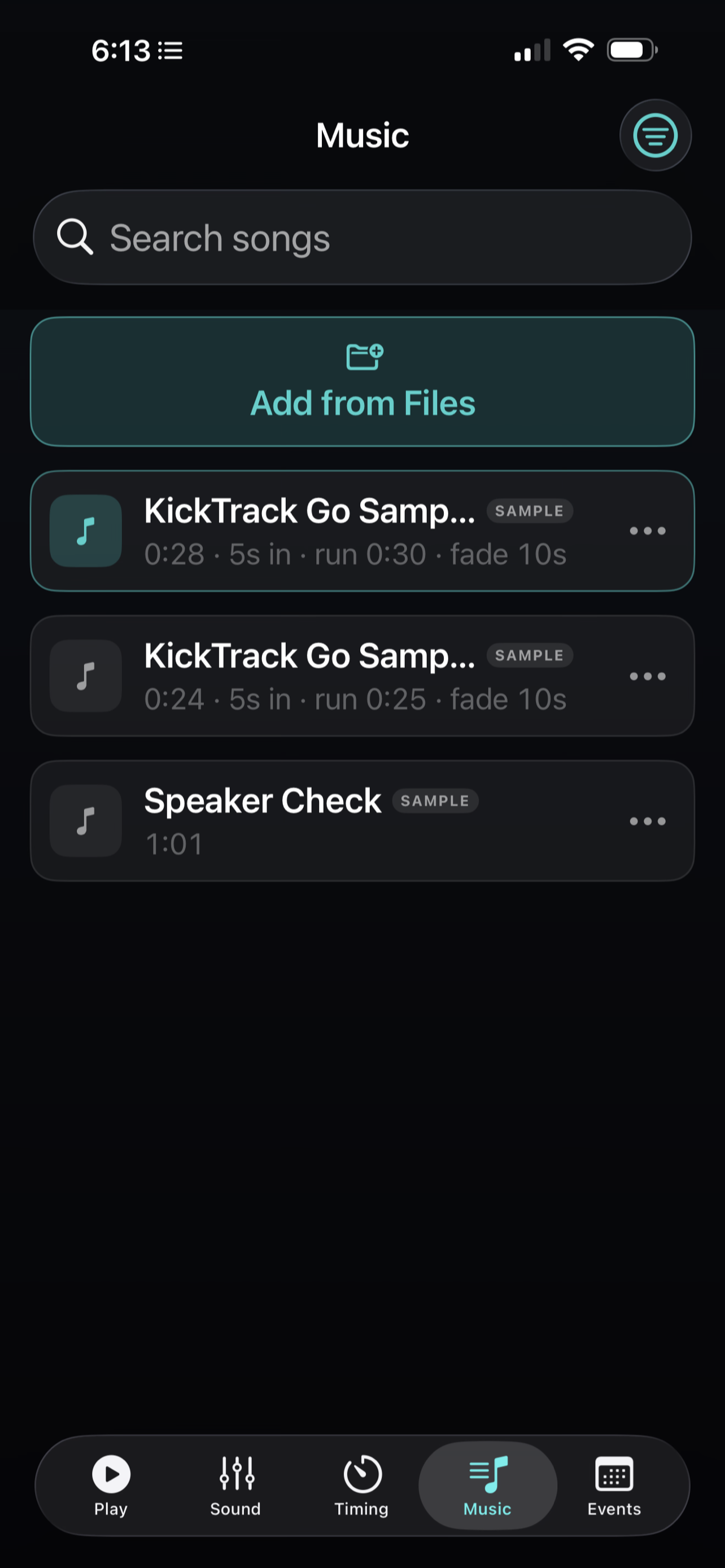 Music library with three sample tracks and an Add from Files button
