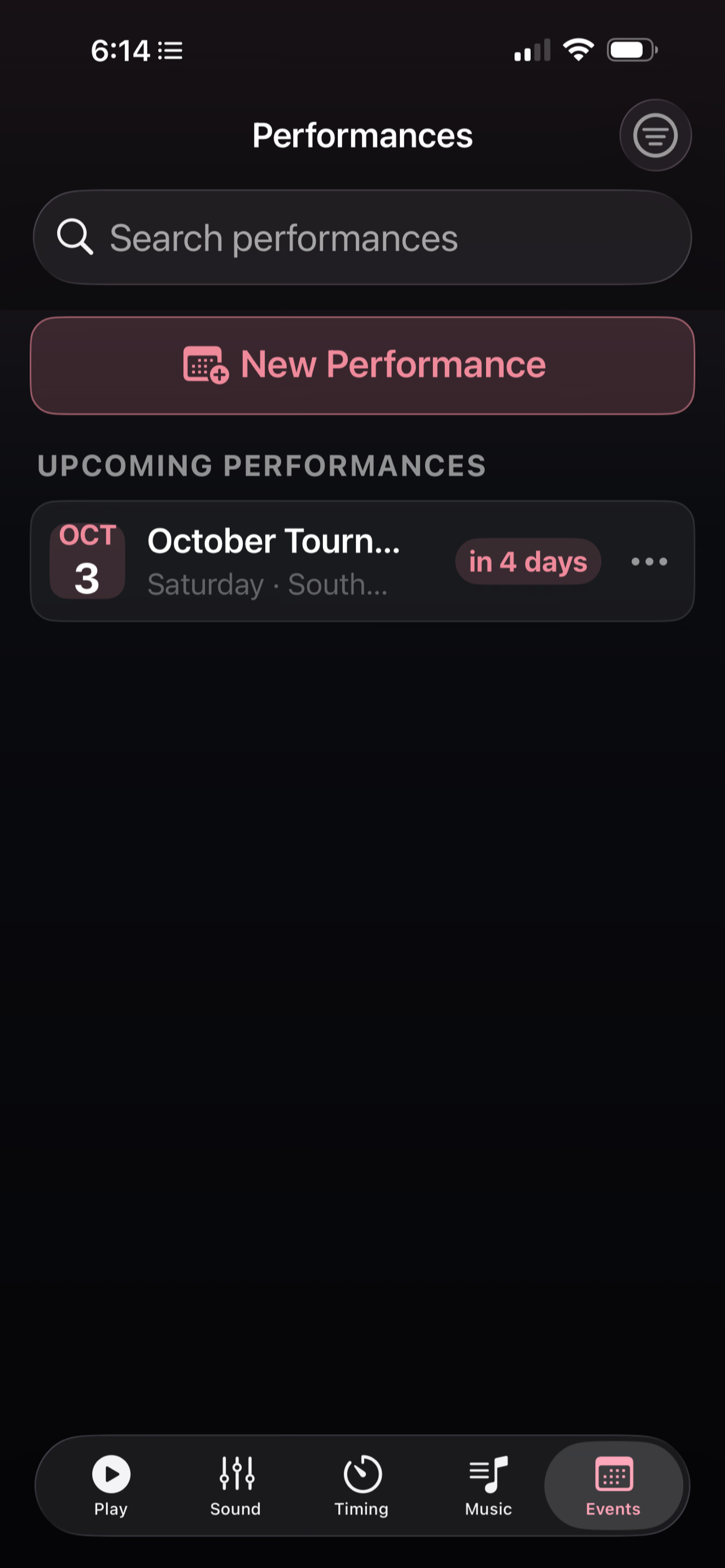 Performances list with an upcoming October Tournament