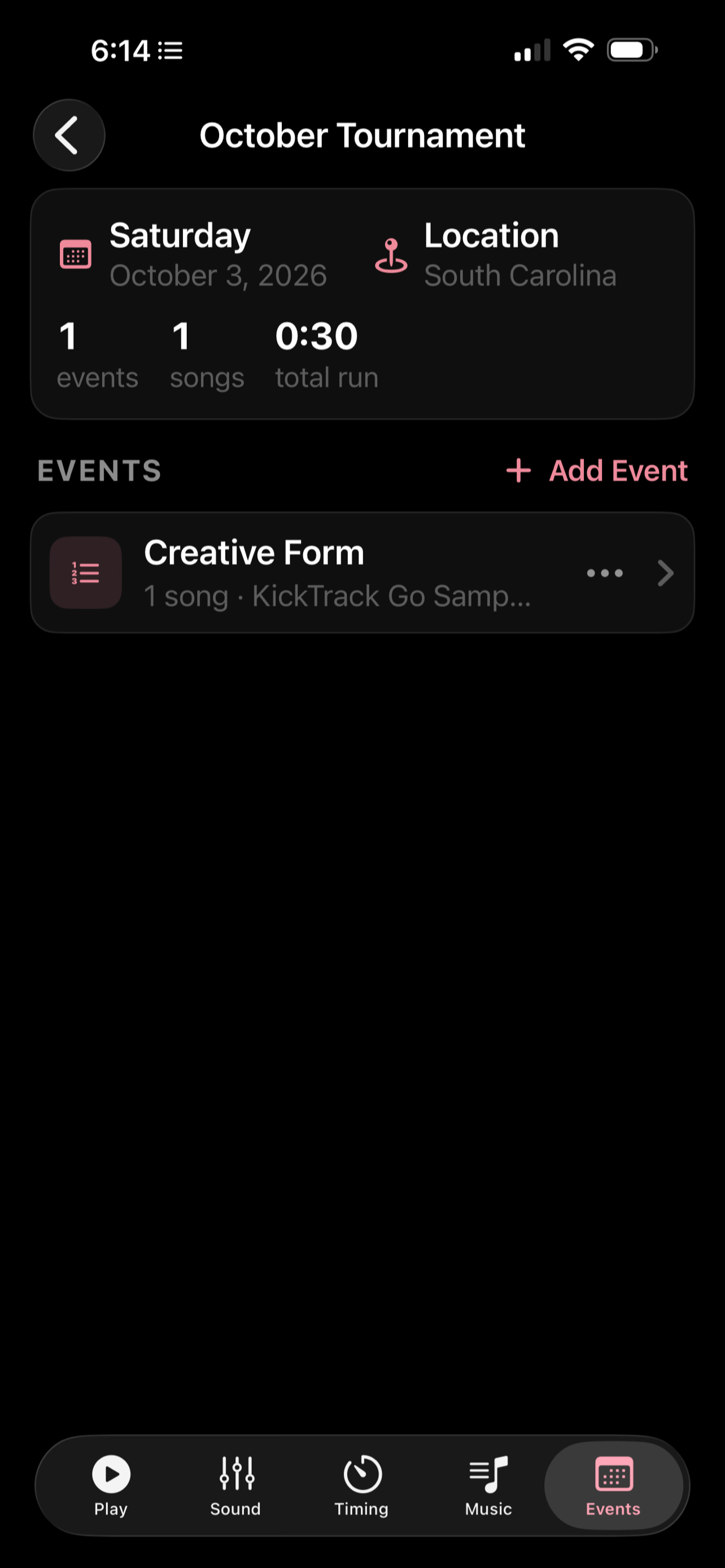 A performance with its date, location, event count, song count and total run time