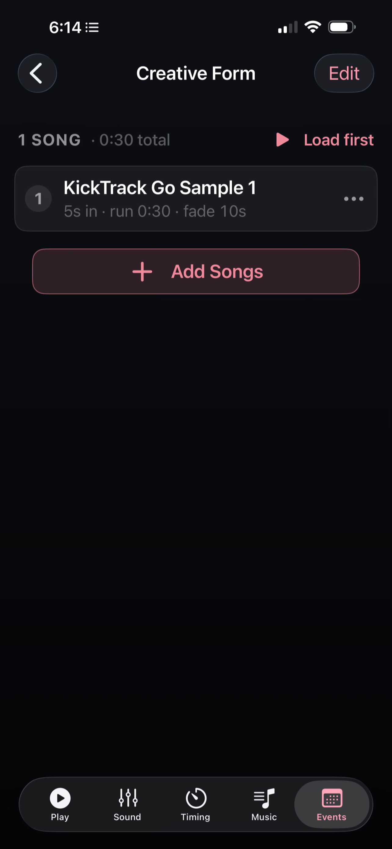 An event playlist with a song and its own pre-roll, run time and fade