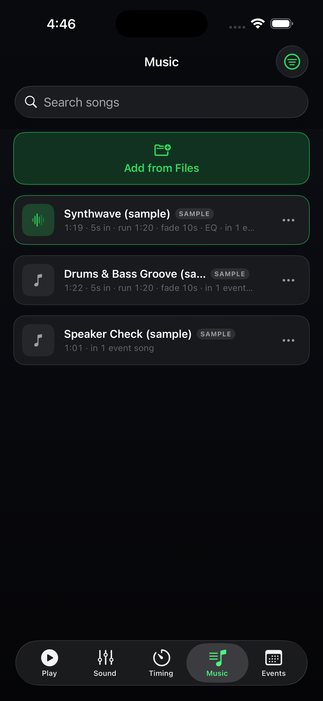 Music library with three sample tracks and an Add from Files button