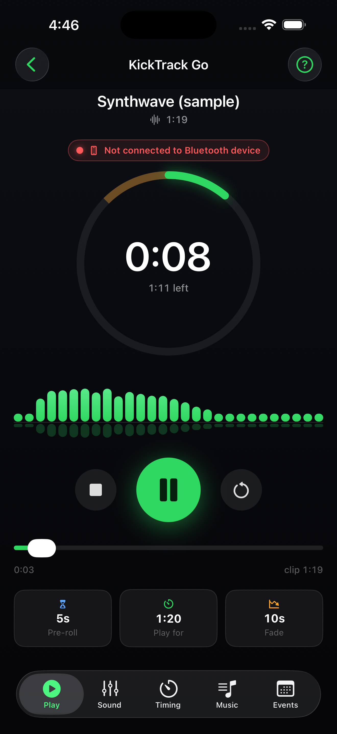 Play screen with a track running, showing the countdown ring, waveform and pre-roll, play-for and fade settings