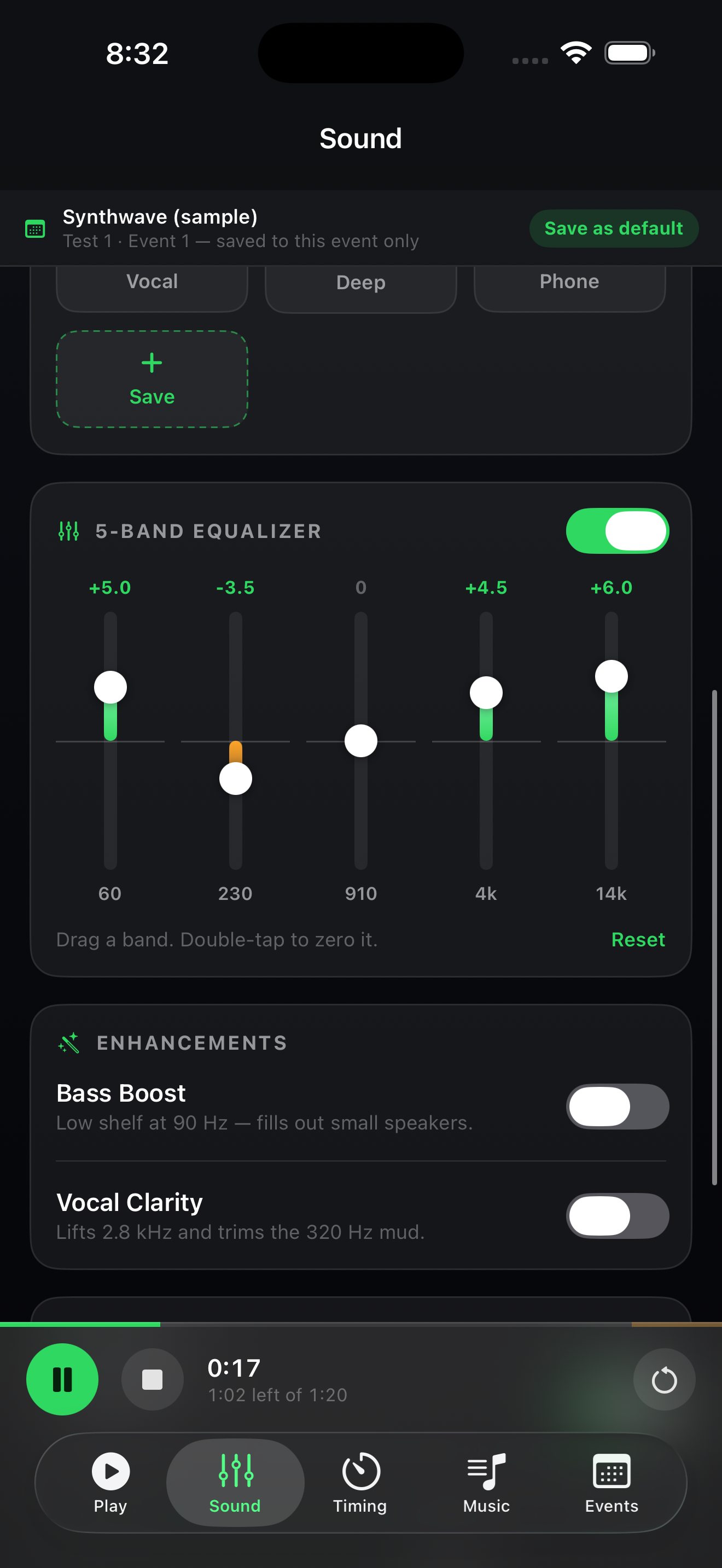 5-band equalizer with Bass Boost and Vocal Clarity enhancements