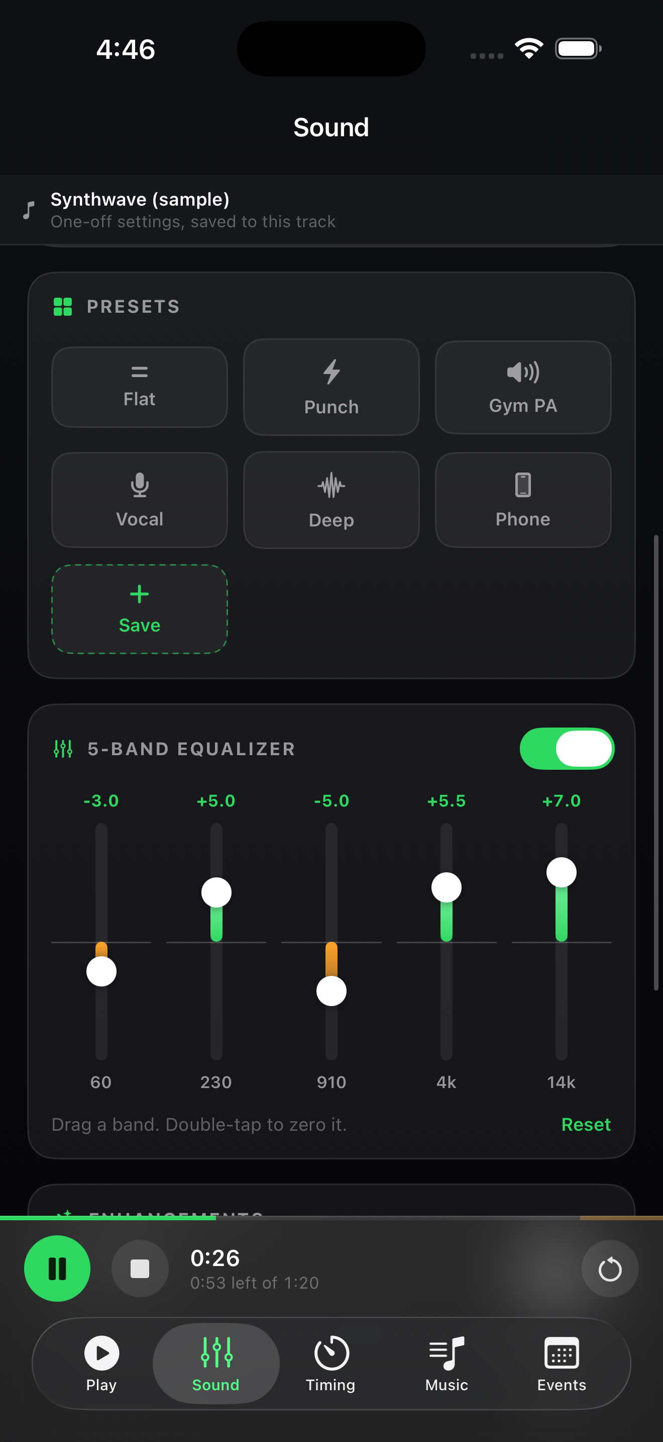 Sound screen with tone presets and the 5-band equalizer