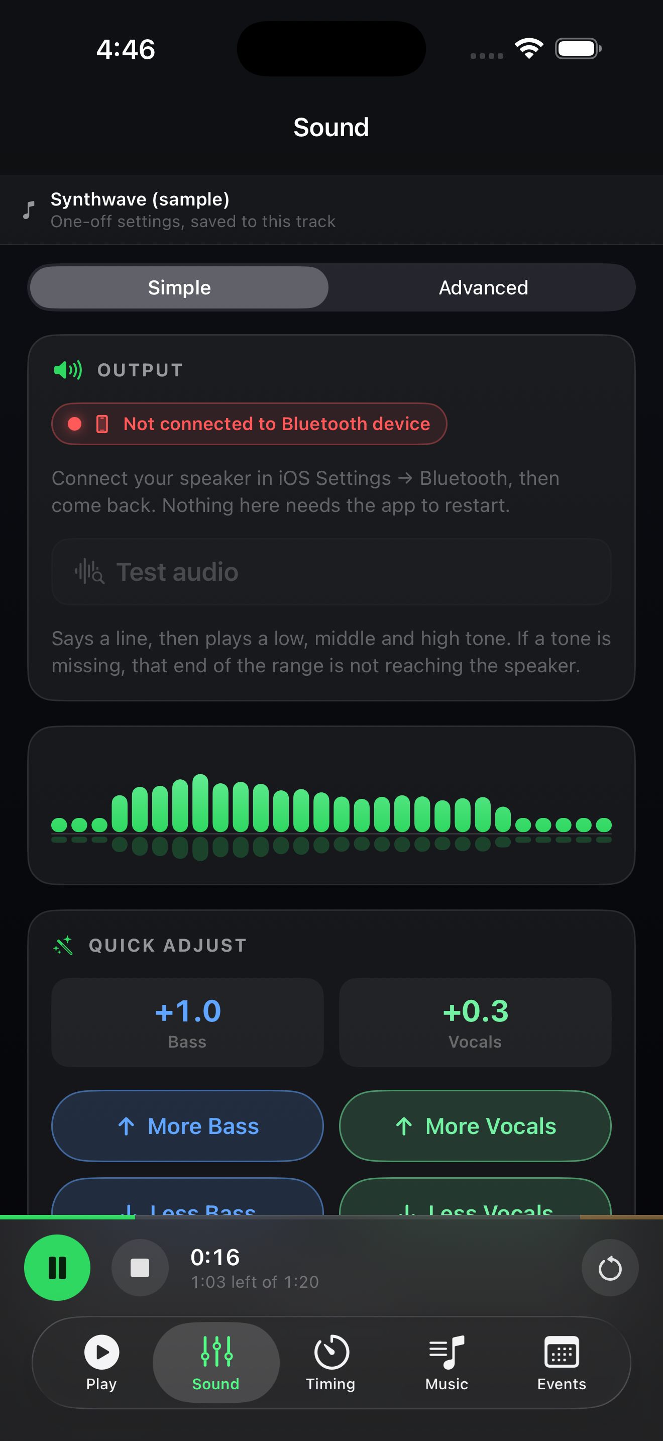 Quick adjust with one-tap bass and vocal controls and a Bluetooth connection warning